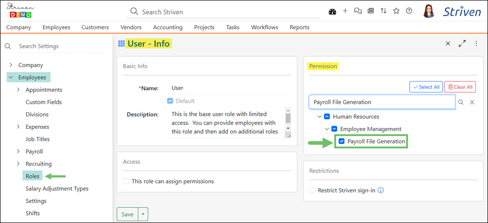 User Role Info page highlighting the Permission for Payroll File Generation