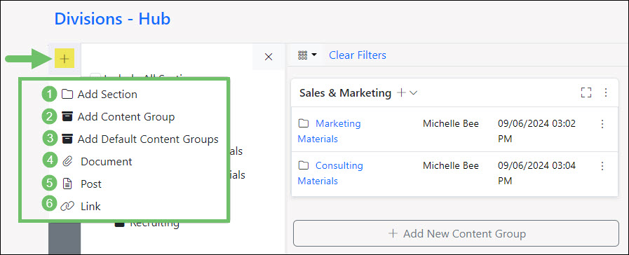 Options available on the Add button menu in Hub include Add section, add content group, add default content groups, document, post, link