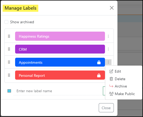 Example of the Manage Labels Window