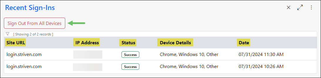 Image showing the Recent Sign-Ins page displaying a sign out from all devices button, site URL, IP Address, Status, Device details, and Date of the user's recent sign-in attempts