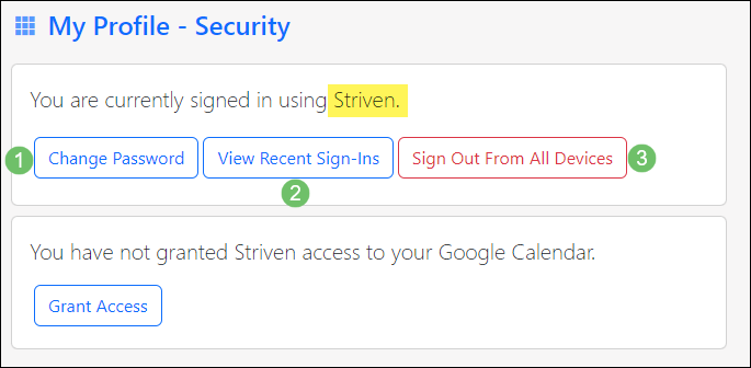 Image showing the My Profile - Security page example of a user signing in with a Username and Password