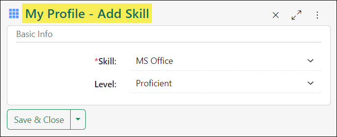 Image of the Add Skill page displaying the Skill selection option