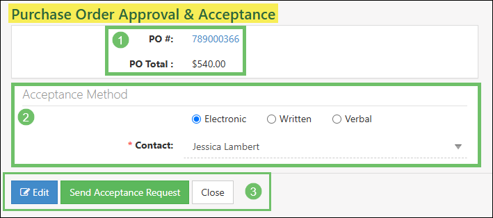 PO Approval & Acceptance page with options to record the approval electronically, in writing, or verbally