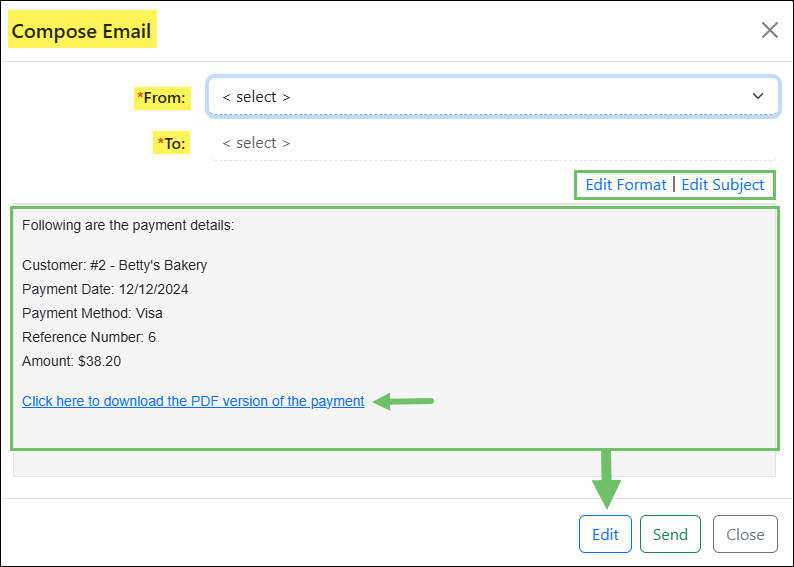 The Compose Email popup when creating a Payment with options to select the From, To fields, as well as edit the Format, Subject, or message content.