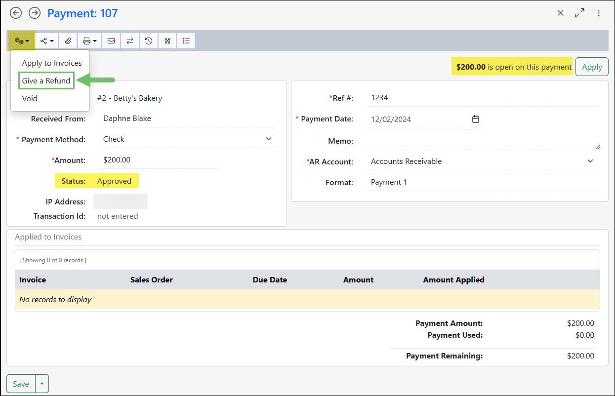 Example of a Payment in Striven showing the option for Give a Refund located in the Payment Actions menu