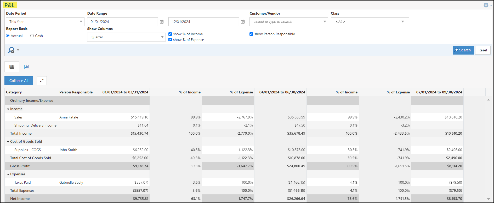 Image of the Profit and Loss Report within Striven