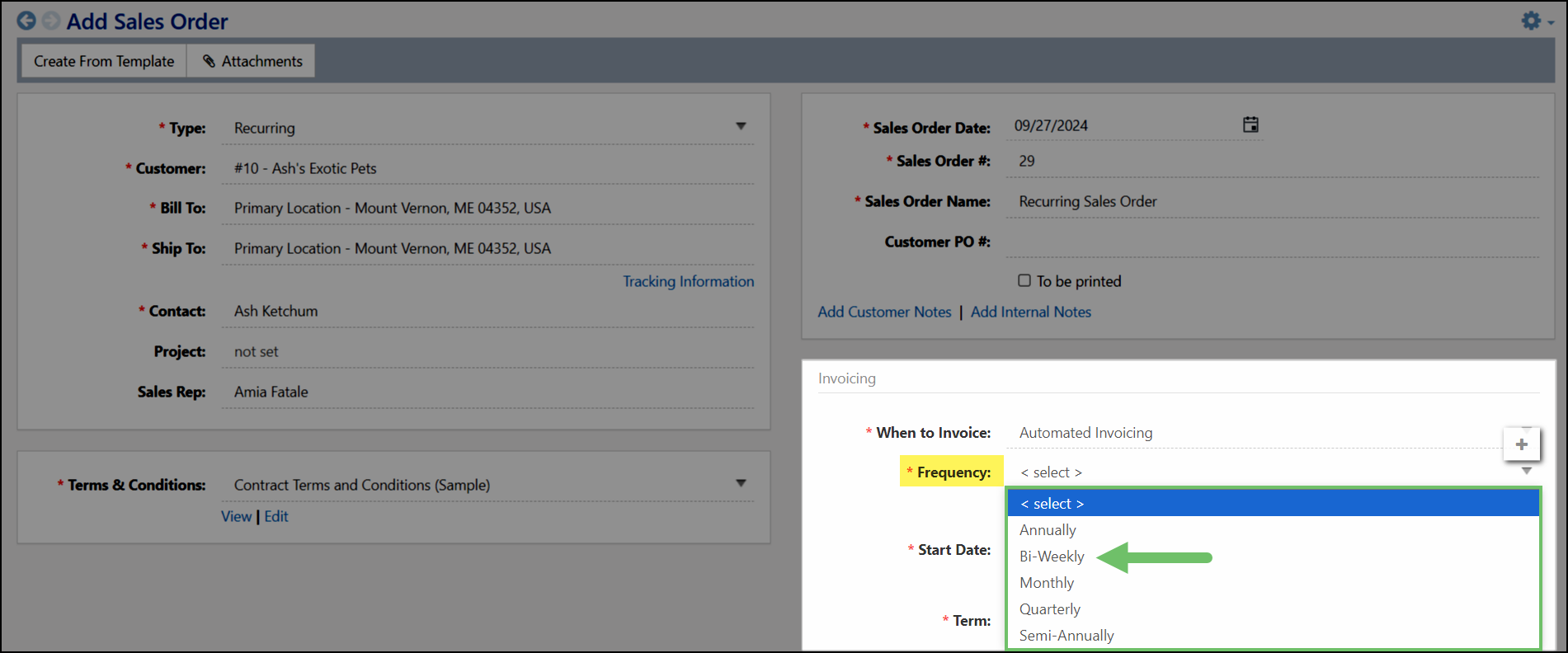 Image of choosing a frequency on a recurring sales order