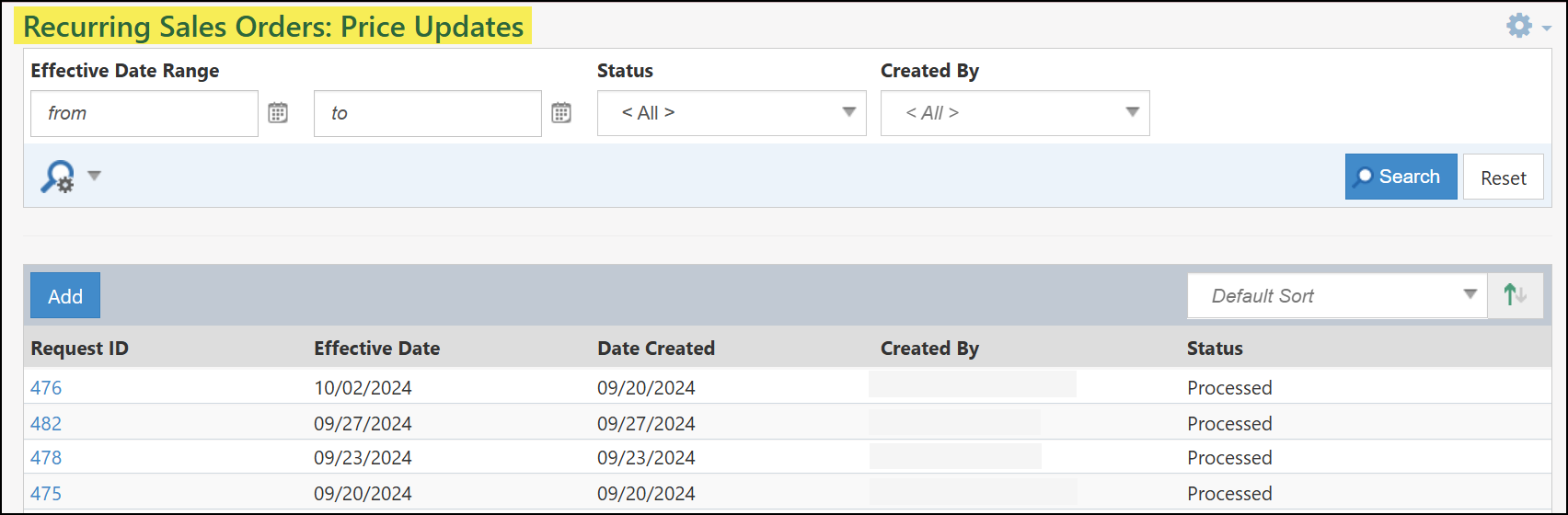 Image of the Recurring Sales Orders: Price Updates List page within Striven