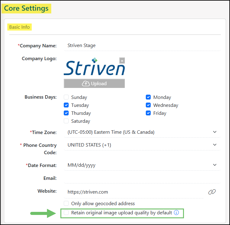 Image of the Company Settings page within striven, higlighting the Retain Image Quality Option