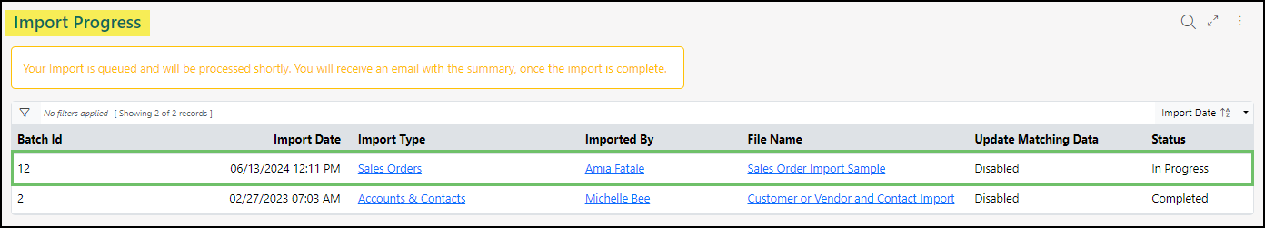 Image of the Import Progress page displaying an ongoing import and a previous import