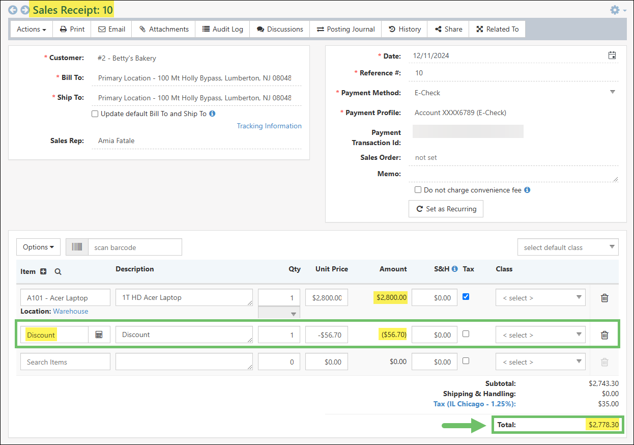 Saved Sales Receipt showing the Discount as a Line Item