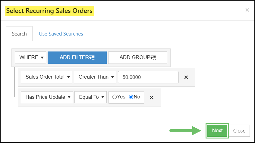 Image of selecting the filters you would like to use when searching for the Sales Orders you would like to update