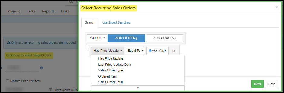 Image of the Select Recurring Sales Orders window