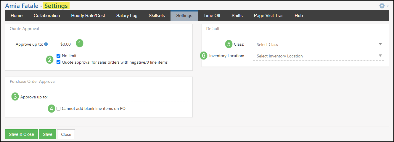 Image of an Employee's Settings page located within their Employee Profile in Striven