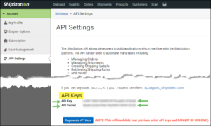 API Settings page sample from ShipStation