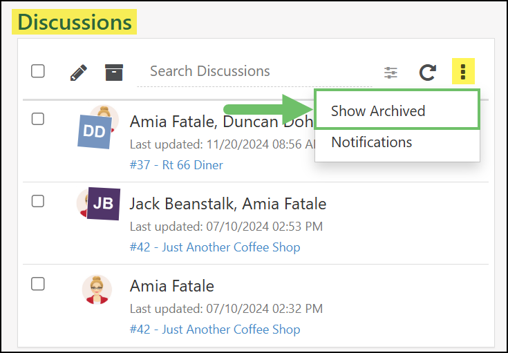 Example of the show archieved option on the Discussions page