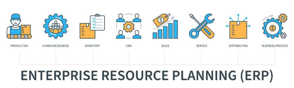 Enterprise resource planning (ERP) concept with icons. Production, human resources, inventory, CRM, sales, service, distribution, business process.