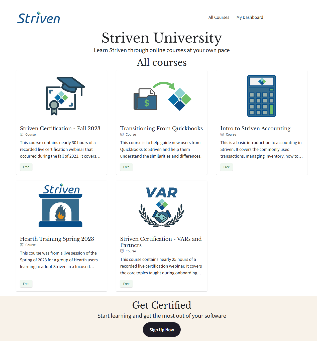 Course selection available for Striven University, including Hearth Training, Striven Certification, Transitioning from Quickbooks, and Intro to Striven Accounting