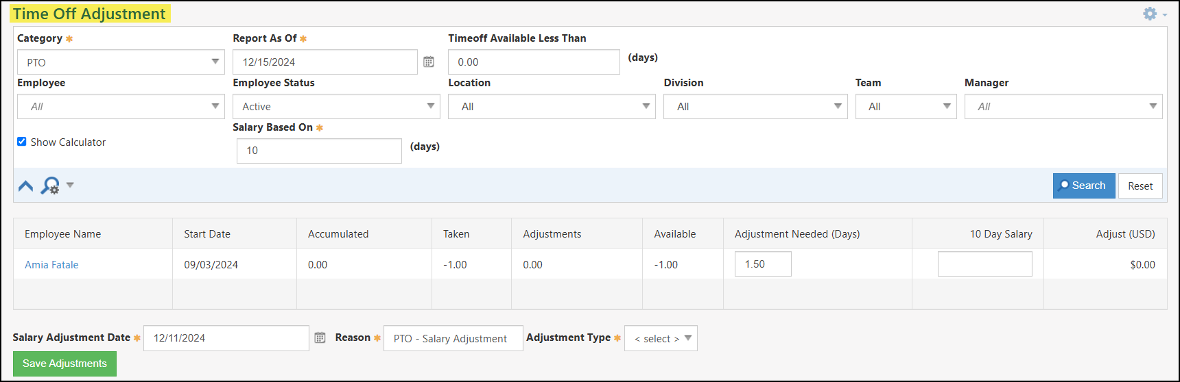 Image of the Time Off Adjustment page