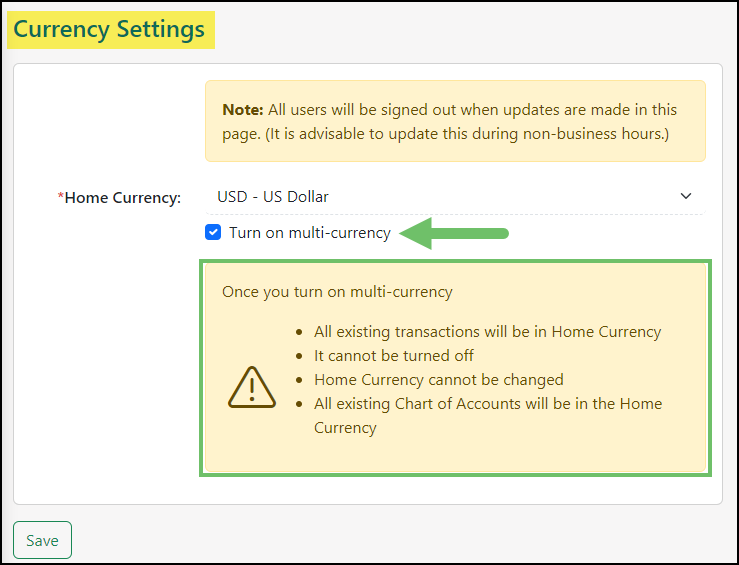 Image of the Multi-currency warning settings