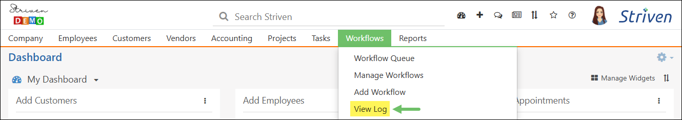 Workflows menu highlighting the option to View Log