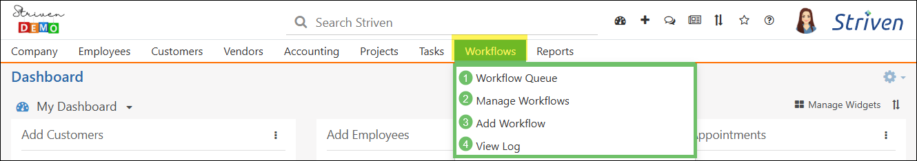 Workflows Menu located in the Striven Navigation menu bar with options for Workflow Queue, Manage Workflows, Add Workflow, and View Log