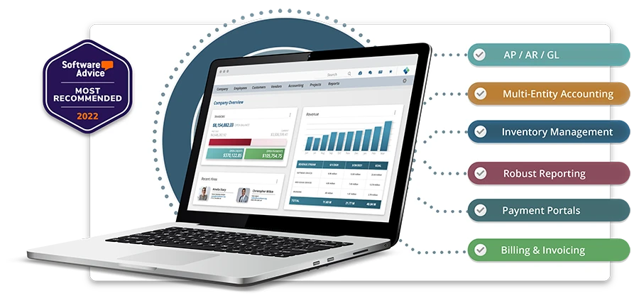 Striven dashboard with Software Advice Most Recommended 2022 badge, labels describing key accounting features