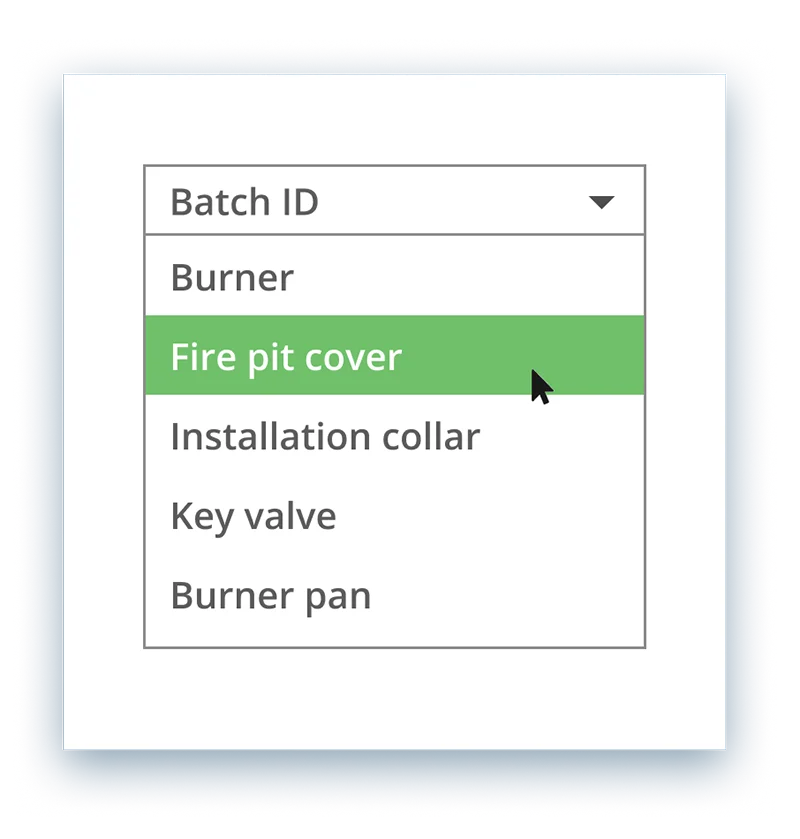 Simple dropdown with batch ID information and related manufacturing parts for one complete item