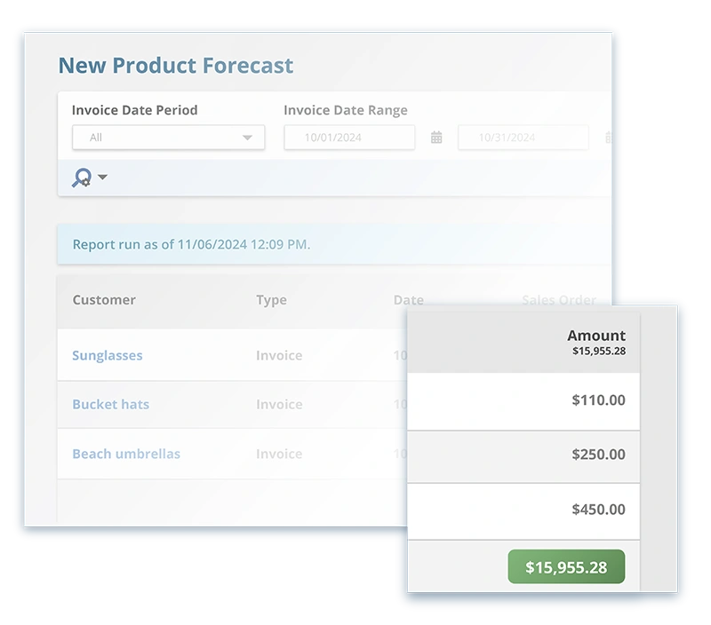 Revenue projection report with items listed