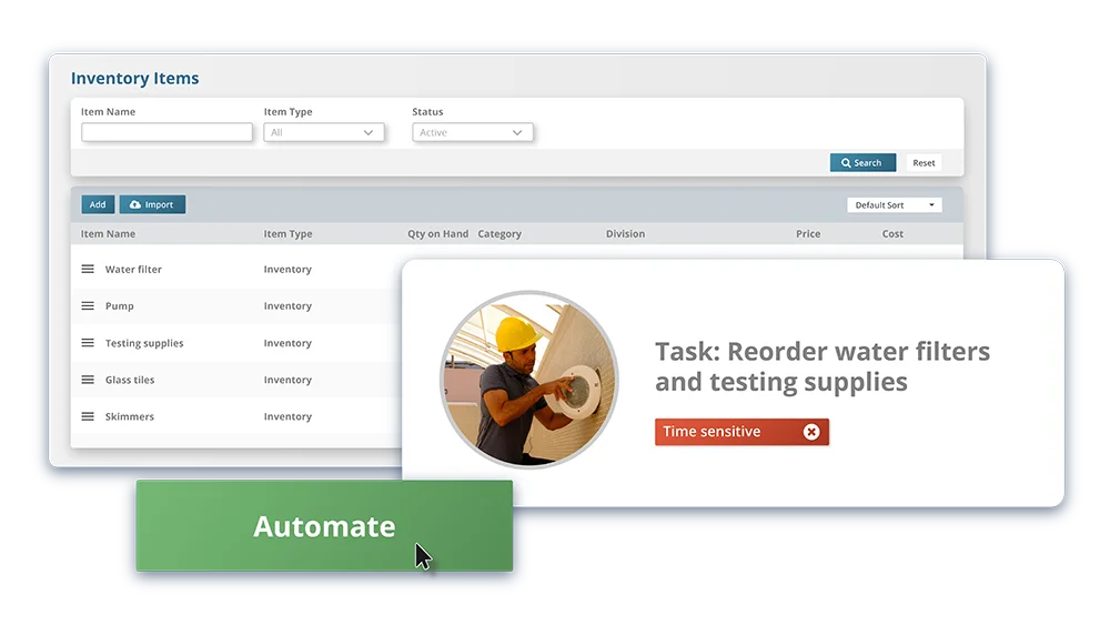 Striven dashboard highlighting inventory supplies and automated task reorder