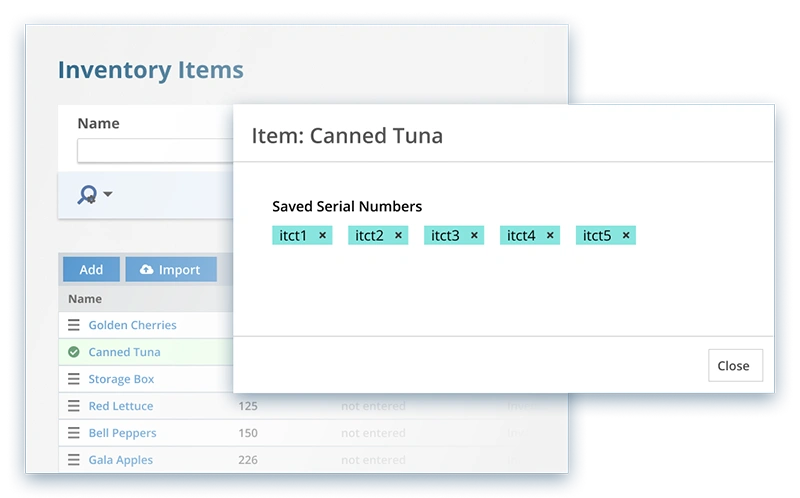 Inventory items with popup detailing various serial numbers for one item